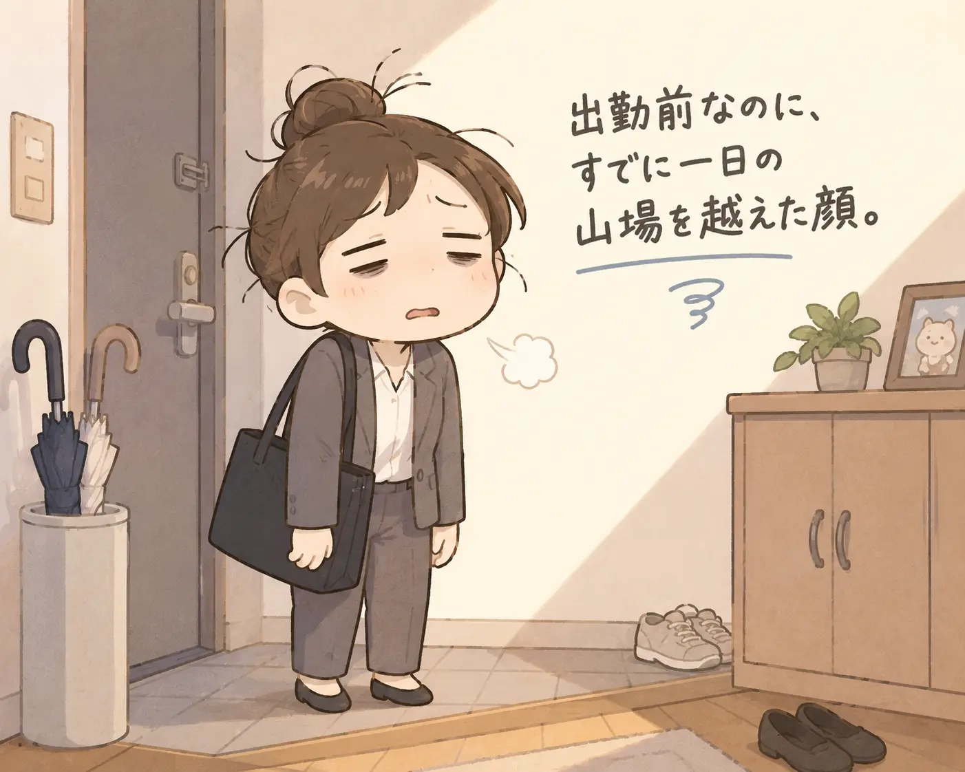 出勤前なのに、すでに一日の山場を越えた顔。
