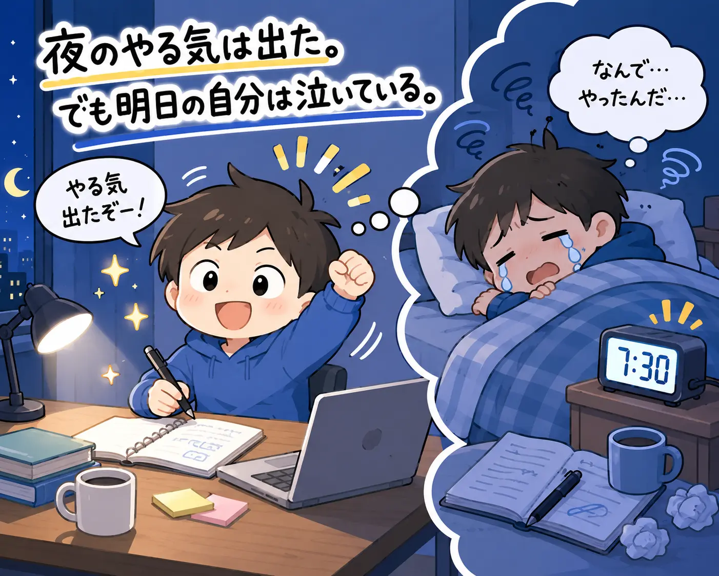 夜のやる気は出た。でも明日の自分は泣いている。