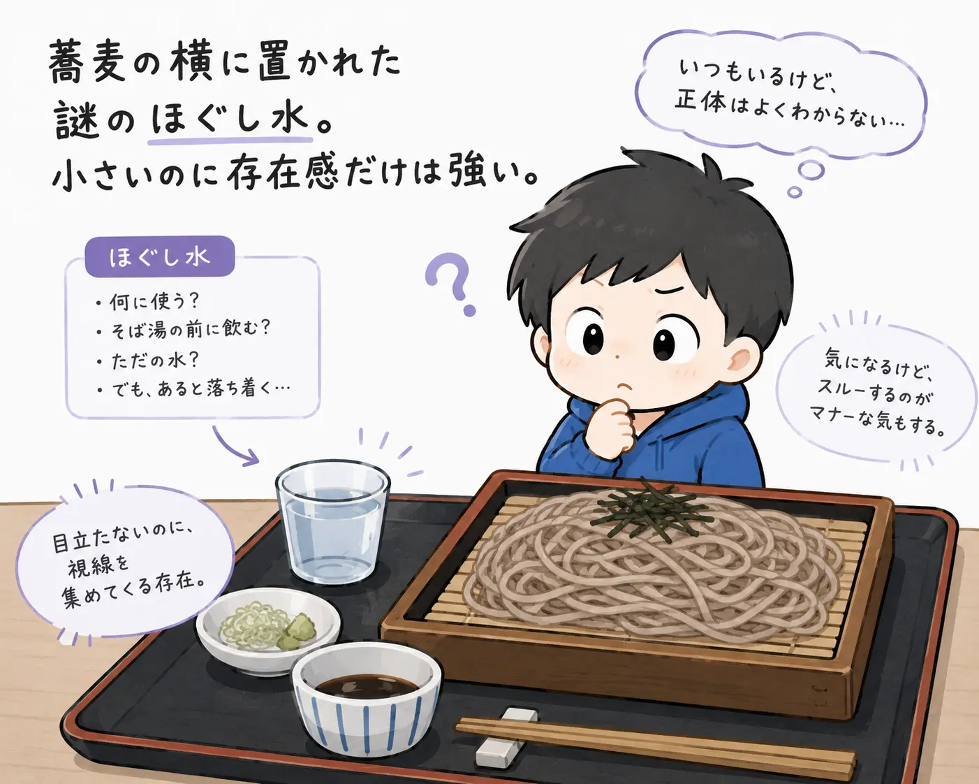 蕎麦の横に置かれた謎のほぐし水。小さいのに存在感だけは強い。
